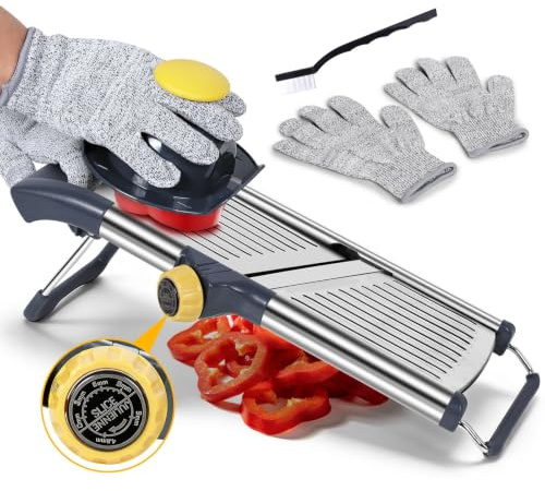 Masthome Mandoline Cuisine 5 en 1, Coupe-Légumes Multifonction en Inox | Protège-main, gants anti-coupure et base antidérapante pour maintenir les aliments et cuisiner avec plus de stabilité.