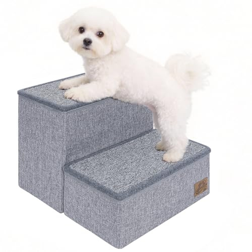AKOZLIN Hundetreppe mit Stauraum, 2 Stufen, faltbar, grau, 34×49×42cm | 2 in 1 Haustiertreppe, Extra breite Haustierrampe, Für kleine bis große Hunde, Für Katzen geeignet