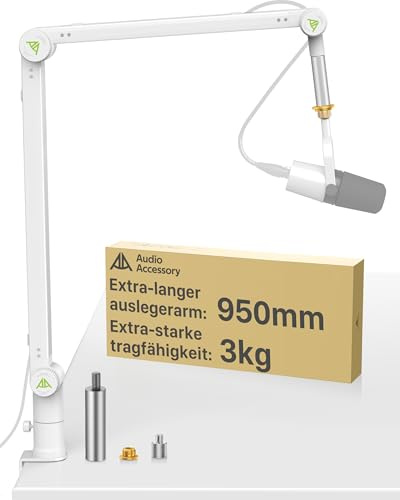 AA AUDIO ACCESSORY White Mic Boom Arm (Design for Heavy Mic) 3KG Load Capacity, 950mm Reach, Gear Lock Design, Suspension Scissor Microphone Stand Desk Mount for Shure SM7B MV7, Blue Yeti, Rode PodMic