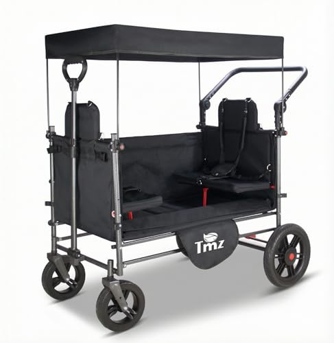 TMZ Faltbarer Bollerwagen mit Seitliche Öffnungsfunktion, Faltbarer Transportwagen mit 2 Sitzen, Handwagen mit Schiebegriff und Bremsen für Outdoor, Camping (Schwarz)