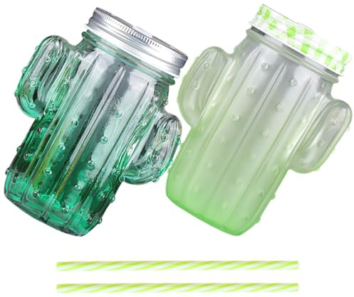 Gatuida Lot de 2 Sets de Verres de Cactus Pailles Verre à Boisson Transparent 400 Ml pour Jus Cocktails et Boissons Froides Accessoire Original pour Fête Réutilisable Couleur Aléatoire