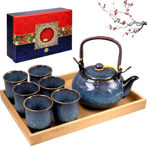 Japanisches Keramik Teekanne, 650 ml Blaue Porzellan Teeservice Geschenk
