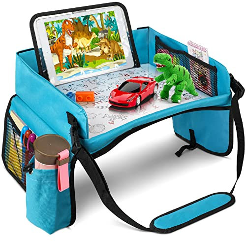 BUENAVO [New Version] Car Seat Organizer Kids Travel Tray for Kids Toddlers Activities in Car Seat, Stroller, Airplane | Waterproof Dry Erase Top | Side Pocket & Water Bottle Holder