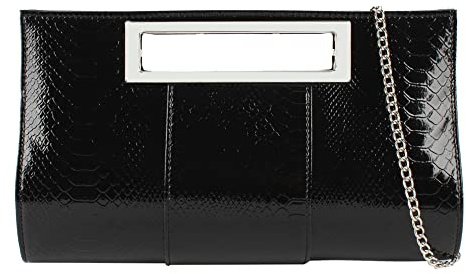 Borsa da sera in pelle di coccodrillo da donna in pelle lucida con manico in metallo verniciato, Nero (Nero ), Taglia unica