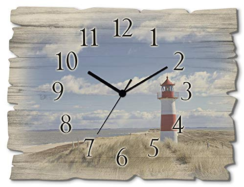 ARTLAND Wanddeko Wanduhr ohne Tickgeräusche aus Holz Funkuhr 40x30 cm Rechteckig Lautlos Strand Meer Leuchtturm Nordsee Sylt Maritim T9ML