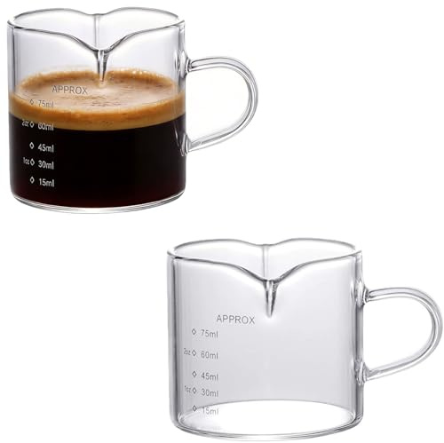 ITODA 2 Pcs Mini Espresso Shot Glass Cups 70ml Glass Measuring Cup Jugs Pitcher Little Jug Mugs Transparent Scale Glasses Barista Double Pouring Spouts with Handle for Bar Party Espresso Coffee Milk
