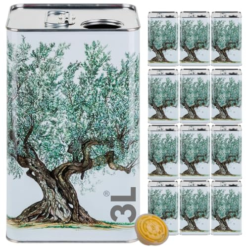 acquaverde | 12 Lattine per Olio di Oliva, Lattina Bianca con Serigrafia Albero di Ulivo, in Metallo, Contenitore Alimentare, Latta da 3 Litri con Tappo Ermetico e Maniglia