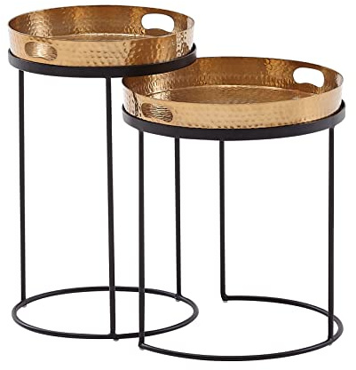 FineBuy Beistelltisch 2er Set Metall Gold, Satztisch mit Tablett | runde Tabletttische in Hammerschlag-Optik, Couchtisch Set handgefertigt, abnehmbare Platte als Serviertablett