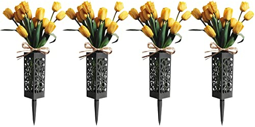 Grabvase Schwarz Steckvase,Robuste Friedhofsvasen mit 5.3Erdspieß,Blumenvase für Grab aus Kunststoff mit Drainagelöchern,Frostsicher Steckvase für Grab,witterungsbeständiger Grabschmuck (4 Pcs)