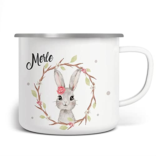 miKalino Emaille Tasse Hase mit Kranz personalisiert mit Namen | handbedruckt in Deutschland, Farbe:weisssilber, Grösse:300ml