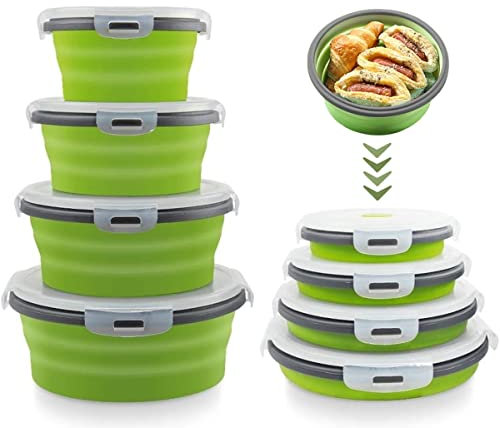 Collapsible Food Containers Bowls Storage Boxes with Lids for Camping Accessories, 4Pcs Round Silicone Lunch Flat Box Stacks Container Set for Rv Kitchen, BPA Free, Microwave & Freezer Safe Green