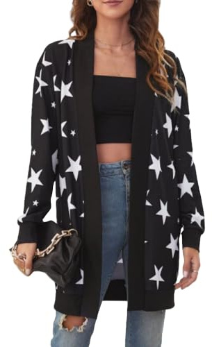 LIUYUYOUGO Damen Strickjacke,Damen Strickjacken Mode Mittellang Schwarz Pentagramm Sterne Open Front Pullover Strickjacke Herbst Winter Temperament Weich Langarm Strick Oberbekleidung Jacke Mantel