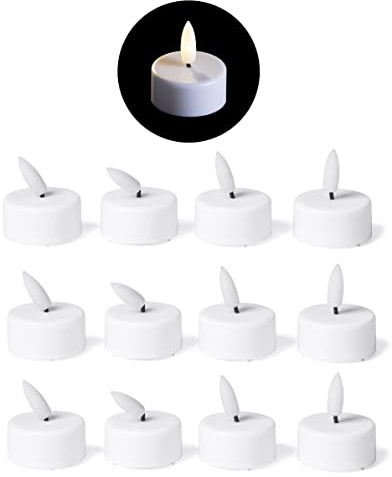LED Teelicht Klein Mit Timer - 12er Set Warmweiß Kerze 3D Flamme Flackernd - 6cm Weiß Kunststoff 1x Batterie CR2032 Benötigt - Teelichter für Kerzenpick Auf Adventskranz