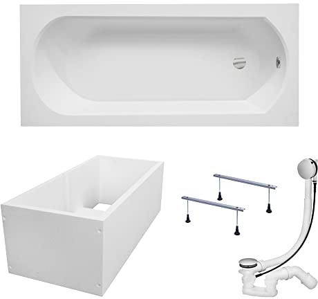 KOLMAN Badewanne INTRICA Rechteck 160x75 mit Wannenträger, Ablaufgarnitur und Füßen Komplettset 4in1 Premium Original Acryl Wanne Siphon