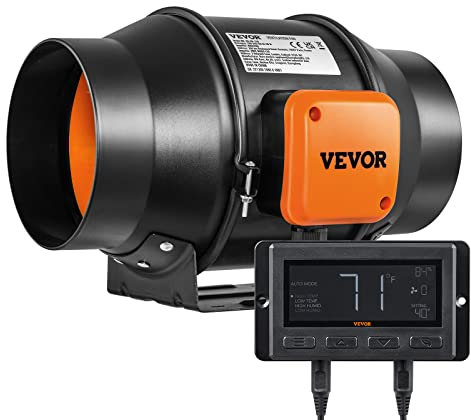 VEVOR Inline Duct Fan, 152.4mm 323.7 CFM with Temperature Humidity Controller, Quiet EC-motor Ventilation Exhaust Fan for Cooling Booster, Grow Tents, Hydroponics