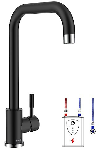 Ulytid Niederdruck Armatur Küche Schwarz, Spültischarmaturen Edelstahl Küchenarmatur mit Drei Schläuchen, 360° Drehung Mischbatterie Küche Niederdruckarmatur für Boiler, kostenloser Stabilisator