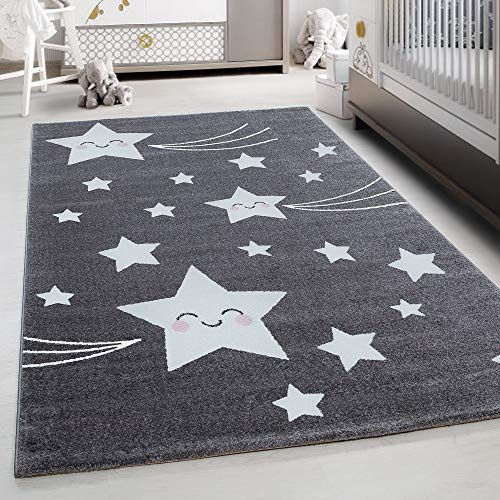 Teppium Kinderteppich für Jungen und Mädchen Sterne Muster 140 x 200 cm Grau - Kurzflor Waschbarer Teppich Extra Weich und Antiallergen - Teppich für Kinderzimmer, Babyzimmer und Spielzimmer