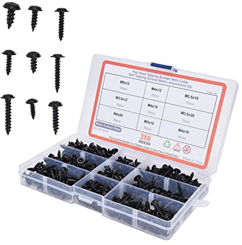 tellerkopfschrauben, selbstschneidende schrauben, Schwarzer Kohlenstoffstahl 380-teiliges M3, M3,5, M4, M5, Blechschrauben-Set, Selbstschneidendes Schrauben-Set für Holz, Elektrogeräte, Spielzeug