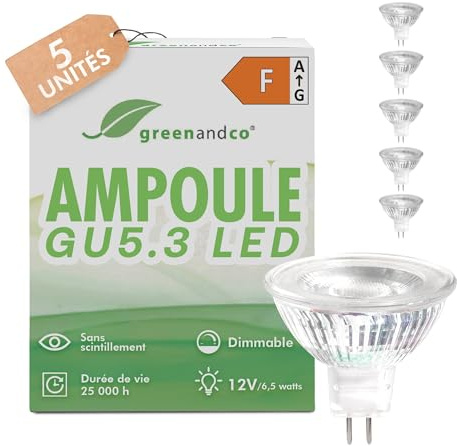 greenandco 5x MR16 GU5.3 | dimmable | remplace 45W | blanc chaud 3000K | IRC 90+ | 6,5W 510 lm | 38° | sans scintillement | Ampoule LED COB | 12V AC/DC