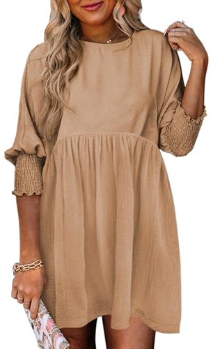 Dokotoo Summer Dresses for Women 2026 Casual Empire Waist A Line 3/4 Sleeve Cute Babydoll Mini Shirt Dress Plus Size Dress Spring Fall Western Cowgirl Church Outfits Beige Dresses for Women M