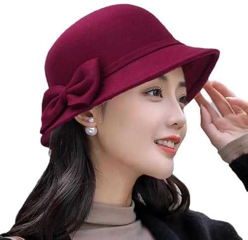 Hgvcfcv Herbst Winter Fedoras Frauen Hut Elegante Vintage Bowknot Wolle Damen Hut Dome Filz Hochzeit Kirche Jazz Cap Weibliche, Weinrot 1, Einheitsgröße
