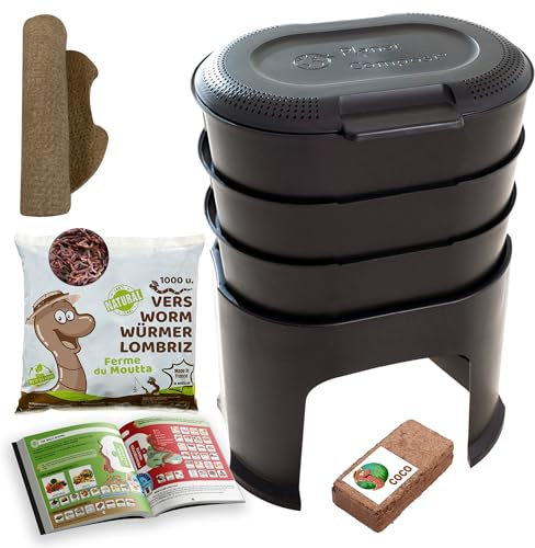 Moutta | Magic Worm Schwarz | Wurmkomposter für die Küche 3 Schalen | 500 gr Kompostwürmer / 1000 STK. | Komplett-Set