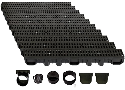 ScarMaxx - A15 - Entwässerungsrinne Set - 13 x 1000 x 11,5 cm - Bodenrinne - Regenwasser Ablauf - Abfluss mit Gitter - Drainagekanal - Kunststoff - mit Stegrost Classic Schwarz