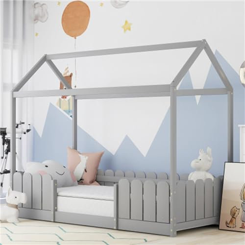 Ntxplora Hausbett 90x200 cm - Vielseitiges Holz Kinderbett für Jungen & Mädchen - Mit Rausfallschutz und Lattenrost – Grau (Ohne Matratze) (Gray)