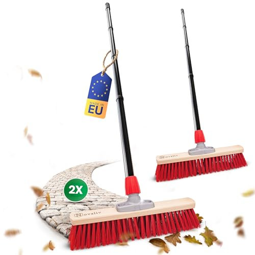 Novaliv 2 escobas de calle de 50 cm con mango exterior, cerdas de elastón, ideal como escoba exterior, cerdas duras con mango, escoba de patio, escoba de establo, escoba industrial, para exteriores