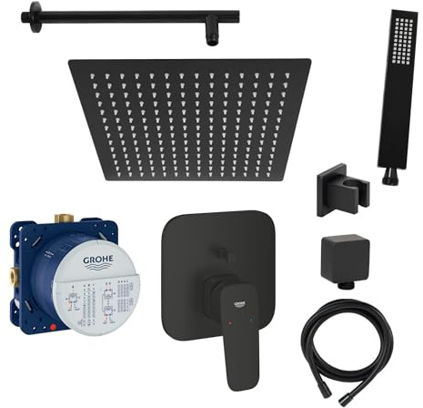 vanvilla Duschsystem Unterputz mit Duscharmatur Grohe schwarz GS22 | Duscharmatur von Grohe Cubeo Einhebelmischer und vanvilla Regendusche Duschkopf eckig, Dusch-SET schwarz matt