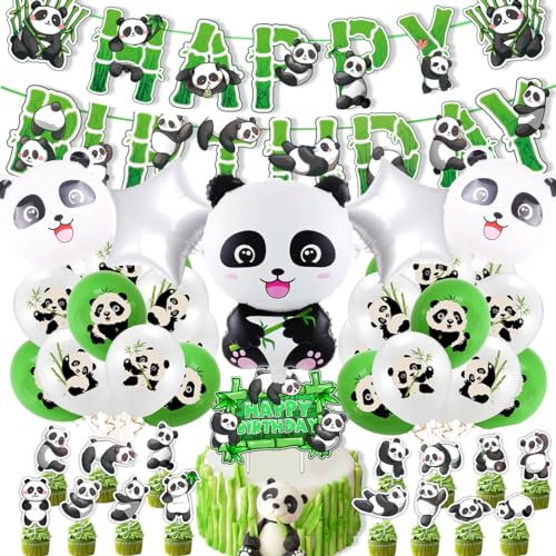 Panda Geburtstag Deko für Kinder mit Happy Birthday Banner, Luftballons und Panda Kuchen Topper für Jungen und Mädchen