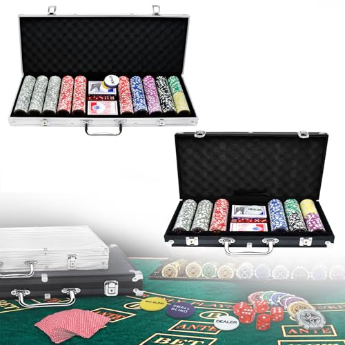 Froadp Professionellt pokerchip 500 pokerchip med aluminiumhölje, komplett set med 2 pokerdäck, 3 dealerknappar och 5 muttrar, 2 nycklar, silver