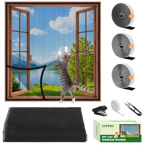 MYPIN - Pantalla Ajustable para Ventana de Gato, tamaño pequeño, tamaño máximo de 51 x 59 Pulgadas, Pantalla de Malla Reforzada autoadhesiva con Regla, Cuchillo/Grapadora (Negro)
