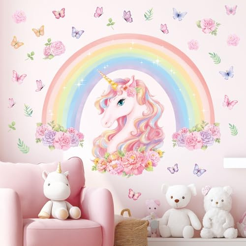 DECOWALL SG2-2413 Großer Regenbogen und Einhorn Wandtattoo fürs Kinderzimmer Dekoration für Zuhause Kunst Rosa Mädchenzimmer Baby Regenbogen Schlafzimmer bunte Dekorationen Tiere Spielzimmer