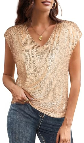GRACE KARIN Damen Vintage Pailletten Bluse Kurzarm V-Ausschnitt Tunika Glitzer Highlights Tops Festkiche Oberteil für Freizeit Party Club Gold L
