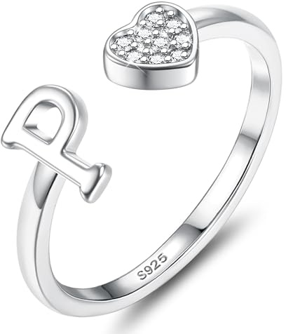 JeweBella Herz Ring Silber 925 Damen mit Buchstaben A-Z Verstellbar | Engagement Promise Ring,Stapeln Daumenring.Fingerring,Eheringe,Verlobungsring, Initiale Ringe Frauen Mädchen mit Box