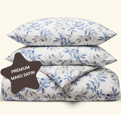 Amqua Juego de ropa de cama de satén Mako de 135 x 200 cm, diseño floral, 100 % algodón de capa larga, 135 x 200 cm, incluye funda de almohada de 80 x 80 cm, diseño floral, ropa de cama de hotel de