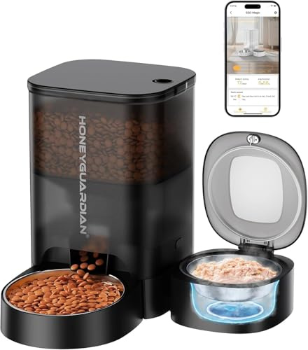 HoneyGuaridan 2-in-1 Smart Futterautomat Katze für Trocken & Nassfutter, WLAN 2.4G Automatischer Katzenfutterautomat mit Trockenmittelbeutel, Nassfutterautomat mit Kühlfunktion - 3 Eispacks