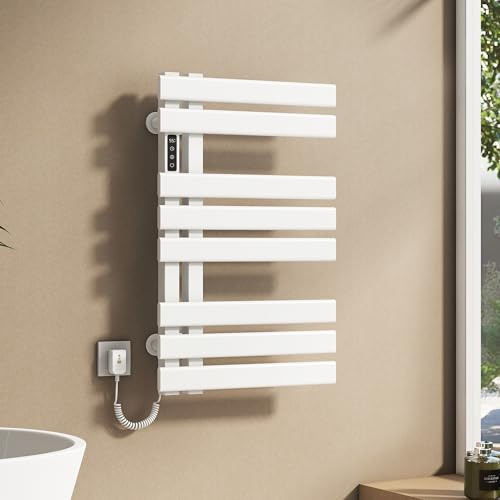 Truvito Badheizkörper Elektrisch 800x500 cm, Handtuchheizkörper Flach Seitenanschluss mit LED-Touchscreen, Timer-&Temperature Fucktion, Handtuchhalter Wandmontage, Wasserdicht Auslaufschutz (Perlweiß)