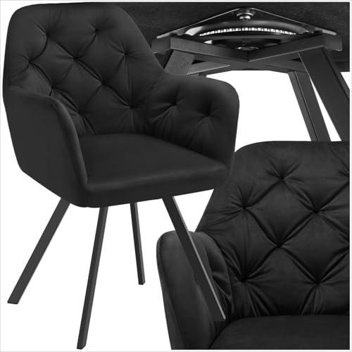 tectake® Poltrona Girevole in Velluto, Seduta e Schienale Ergonomici, Rotazione a 180°, Sedia Sala da Pranzo con Braccioli, Sedie Moderne con Gambe in Acciaio - Nero