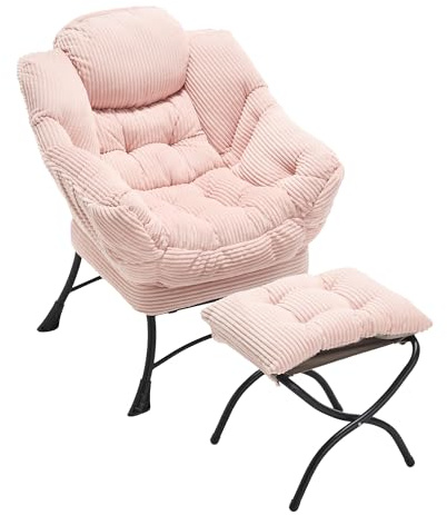 Villeston Lazy Chair mit Ottomane, Rosa | Faulenzersessel Relaxsessel mit Hocker, Lounge-Stuhl mit Armlehnen, ergonomische Fußstütze für Erwachsene