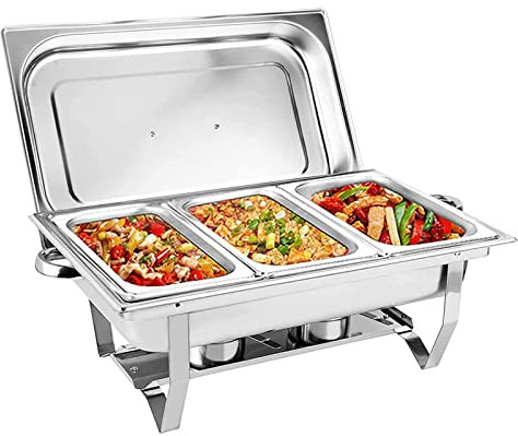 OLSKFUH Chauffe-Plats 7,5 L en Acier Inoxydable avec 3 Bacs À Aliments, Porte-Combustibles Et Couvercle pour Buffet, Banquet, Traiteur, Fête,