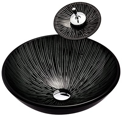 Lavandino da appoggio per Bagno, lavabo da appoggio in Vetro temperato, Linee Bianche e Nere, Installazione su Piano, lavabo da appoggio Rotondo per Bagno, lavabo Artistico con Rubinetto a c