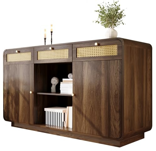 Sideboard Kommode mit 3 Rattan Schubladen und 2 Türen, 120×40×85cm, Komodenschrank Aufbewahrungsschrank mit Offenes Regal und Höhenverstellbare Einlegeböden für Schlafzimmer, Wohnzimmer, Nussbaum