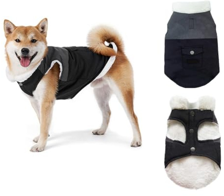 PJDDP wasserdichte Hund Wintermantel, Hunde-Winterweste Für Den Kalten Winter Mit Geschirrloch, Fleece Warme Hunde Jacke, Für Kleine Mittlere Große Hunde,Black Gray,L