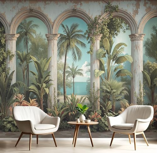 ANALTIRCE Papier Peint Panoramique Rétro Arche,Papier Peint 3D Motif Palmiers Tropicaux Intissé Wallpaper Chambre Bureau Déco 150×105cm Personnalisé Décoration Murale Vert