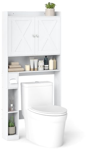 COSTWAY Meuble Toilette Étagère WC, Double Porte, Étagère Réglable, Porte-Papier Toilette, Meuble WC Rangement Gain de Place, 81,5 x 19,5 x 172,5, pour Salle de Bain, Buanderie (Blanc)