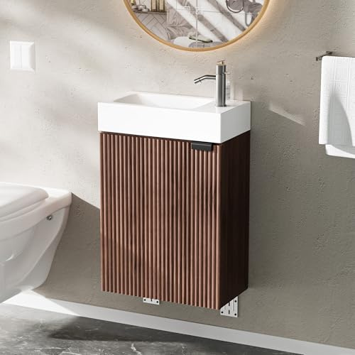 Ztexkee Lavabo con Mueble de Baño, Juego de Muebles de Baño Pequeño para Invitados, Nogal, (no Incluido Grifo) (Nogal, 40 x 22 x 58 cm)