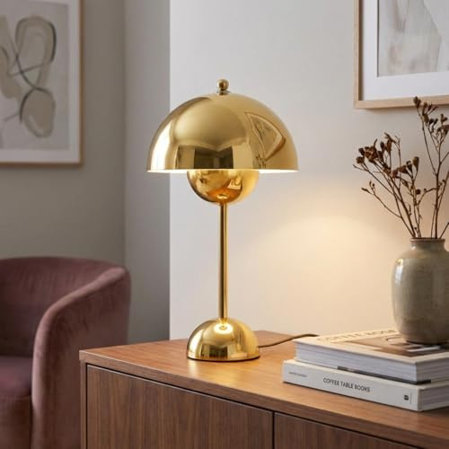 BARCELONA LED Tischlampe aus Metall Gold, Retro Modern Design, Sanfte Indirekte Beleuchtung, Minimalistisch und Elegant, Vintage Zeitgenössischer Stil für Wohnzimmer, Schlafzimmer oder Büro
