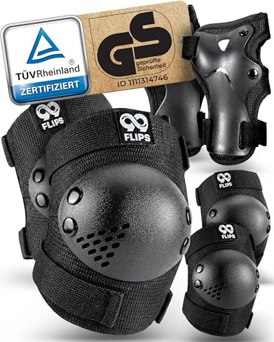 99FLIPS Inline Skateskydd för Barn Set 3-12 år [6-pack] - Knäskydd, Armbågsskydd och Handskydd - för Skateboard, Skoter, Utomhussporter - RISE - Storlek SM - SVART